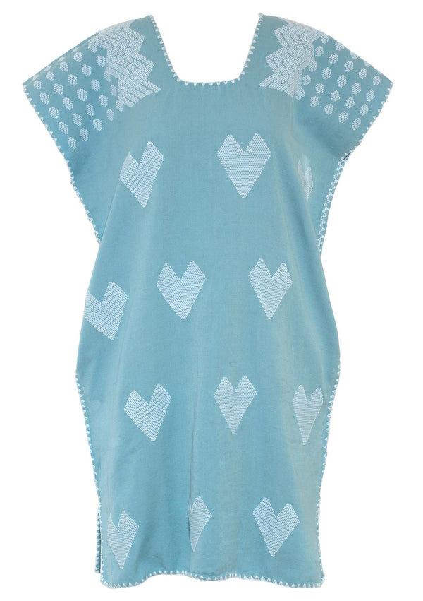 Pippa Holt Kaftan No.497 Single Panel Mini Kaftan In Baby Blue With White Heart Design