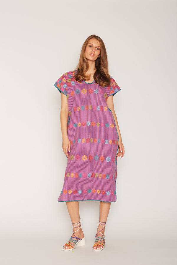 Pippa Holt Kaftan No.50 Single Panel Midi Kaftan In Purple With Multi Coloured Design