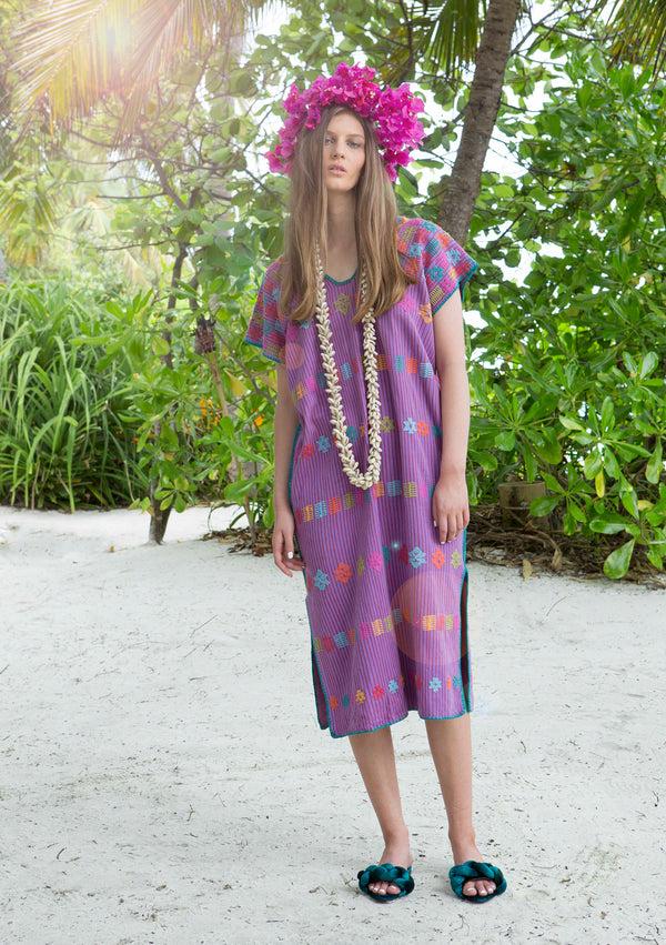 pippa holt Kaftan No.50 Single panel midi kaftan in purple with multi coloured design