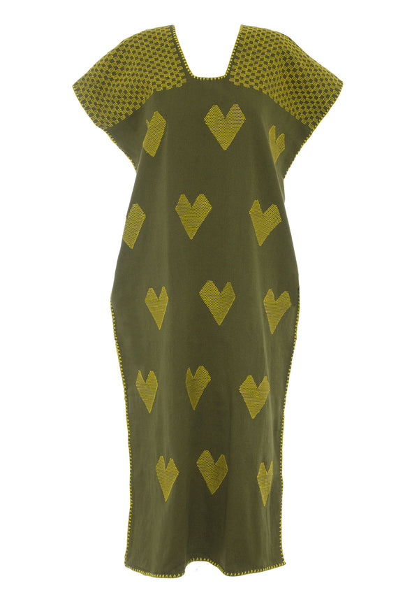 Pippa Holt Kaftan No.500 Single Panel Midi Kaftan In Khaki With Yellow Hearts Motifs