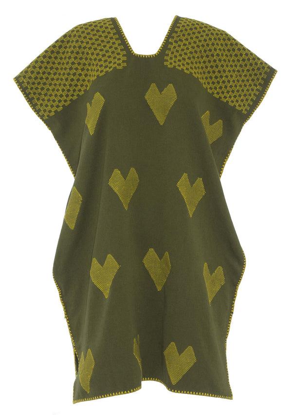 Pippa Holt Kaftan No.501 Single Panel Mini Kaftan In Khaki With Yellow Hearts Motifs