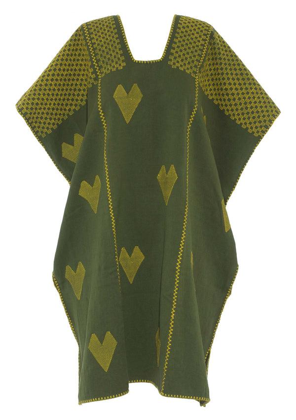 Pippa Holt Kaftan No.502 Three Panel Mini Kaftan In Khaki With Yellow Hearts Motifs