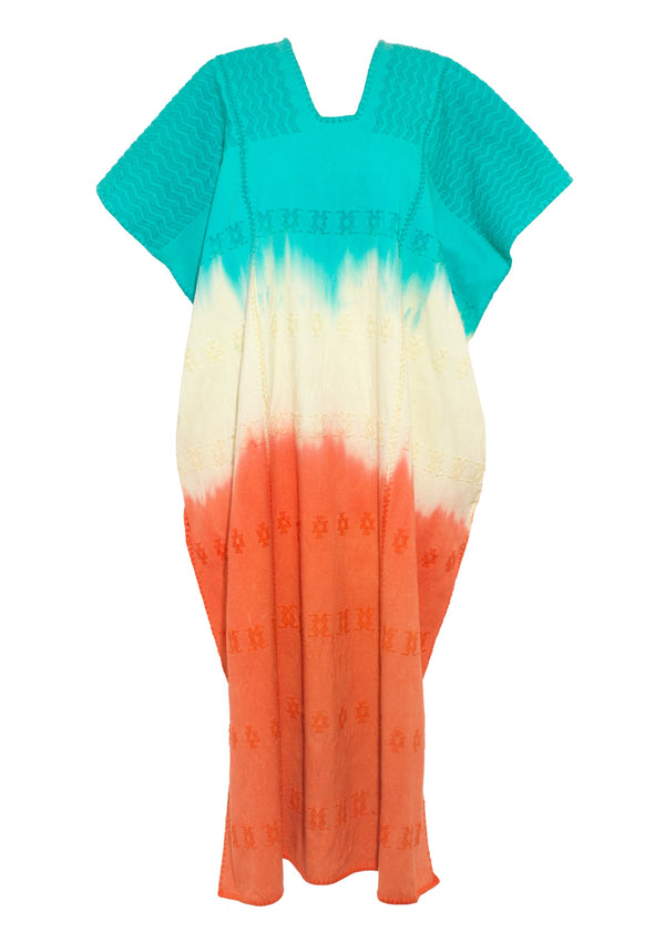 Pippa Holt Kaftan No.504 Three Panel Midi Kaftan In Aqua Cream And Orange Ombre Horizontal Design
