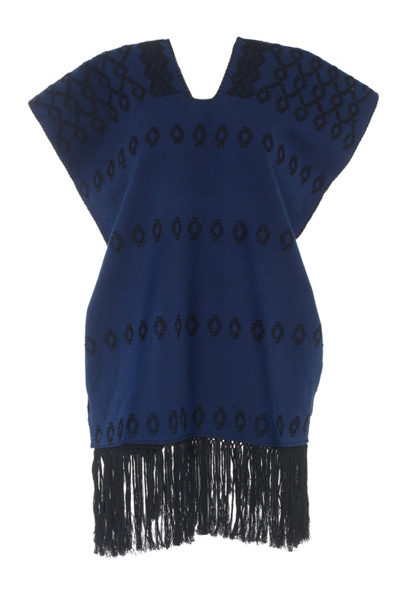 Pippa Holt Kaftan No.505 Single Panel Mini Kaftan In Navy With Black Design And Fringed Hem