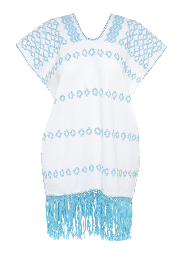 Pippa Holt Kaftan No.506 Single Panel Mini Kaftan In White With Pale Blue Design And Fringed Hem