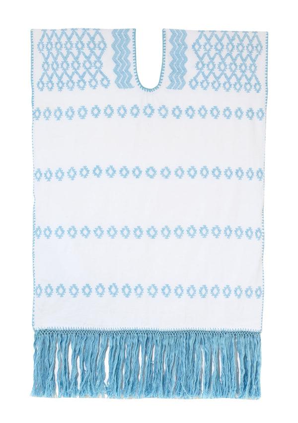 pippa holt Kaftan No.506 Single panel mini kaftan in white with pale blue design and fringed hem