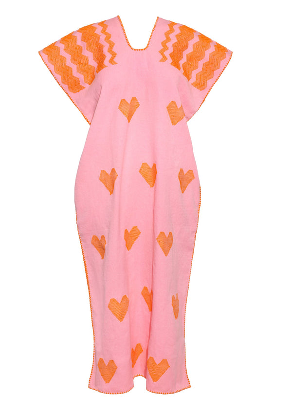 Pippa Holt Kaftan No.507 Single Panel Maxi Kaftan In Pink With Orange Heart Design