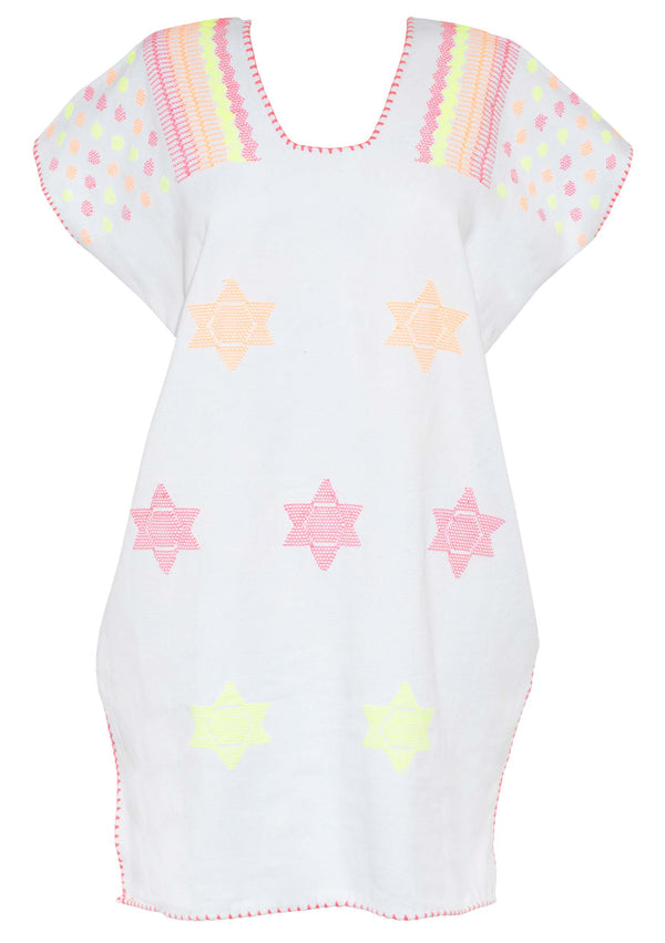 Pippa Holt Kaftan No.508 Single Panel Mini Kaftan In White With Neon Star Design