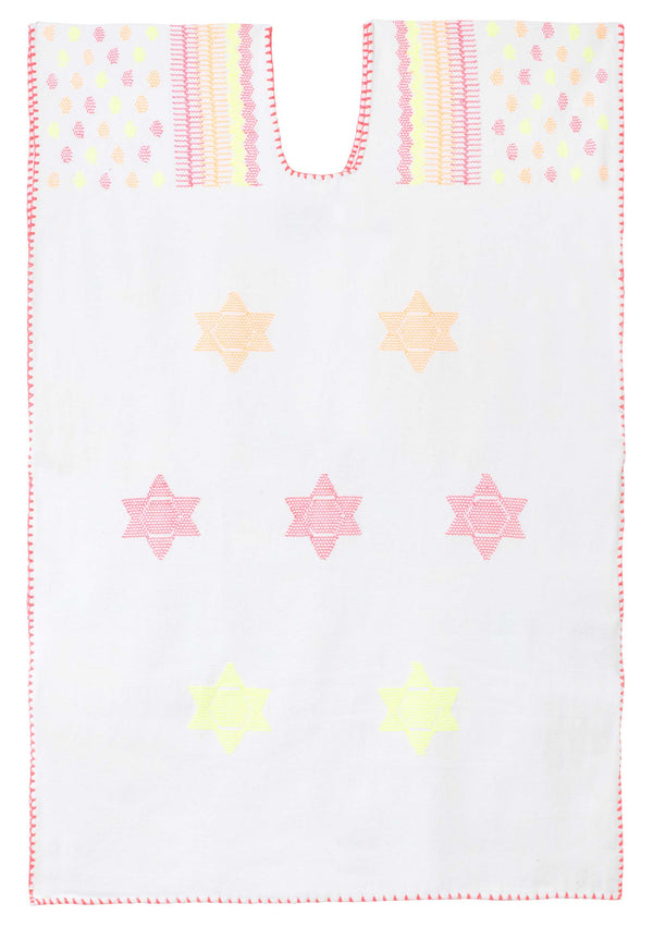 pippa holt Kaftan No.508 Single panel mini kaftan in white with neon star design