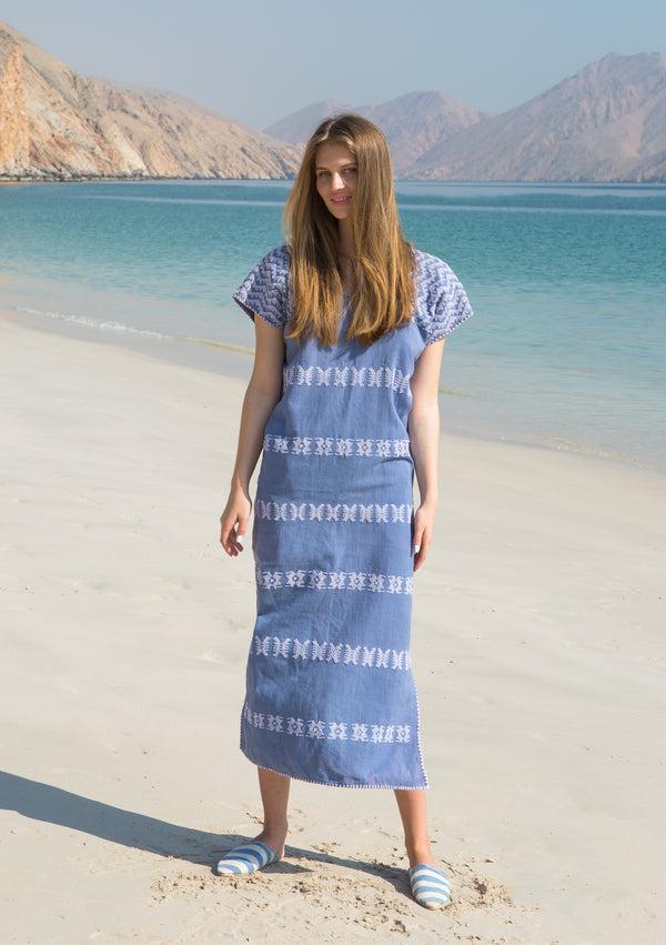 pippa holt Kaftan No.51 Single panel midi kaftan in ‘denim’ with white design