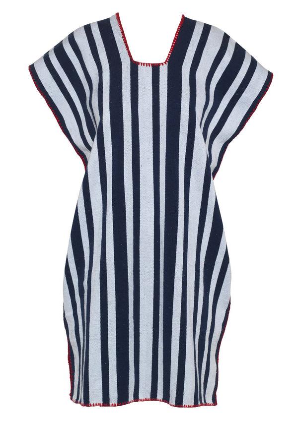 Pippa Holt Kaftan No.514 Single Panel Mini Kaftan In White And Navy Stripes With Red Design