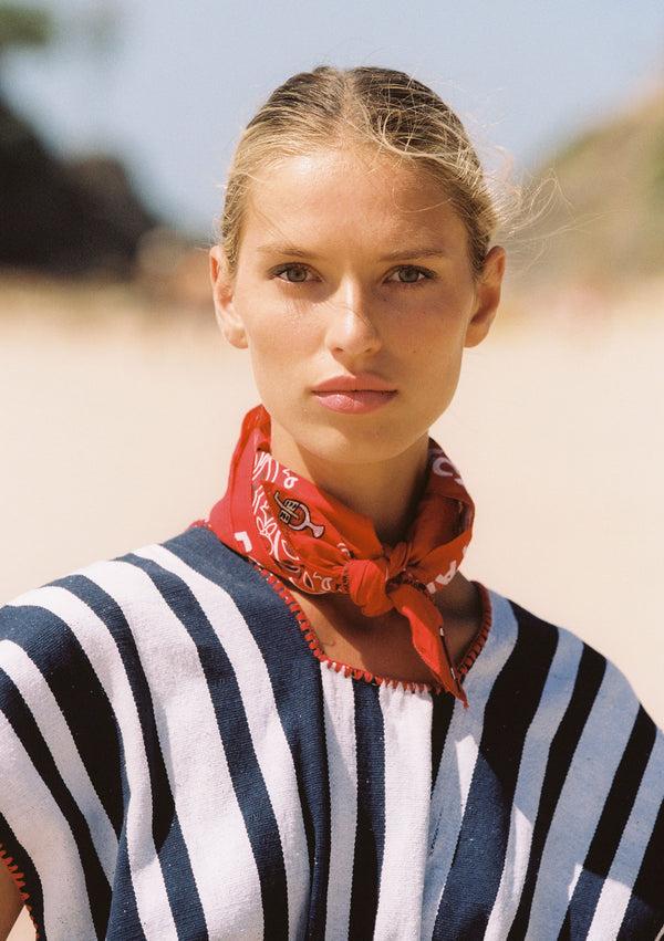 pippa holt Kaftan No.514 Single panel mini kaftan in white and navy stripes with red design