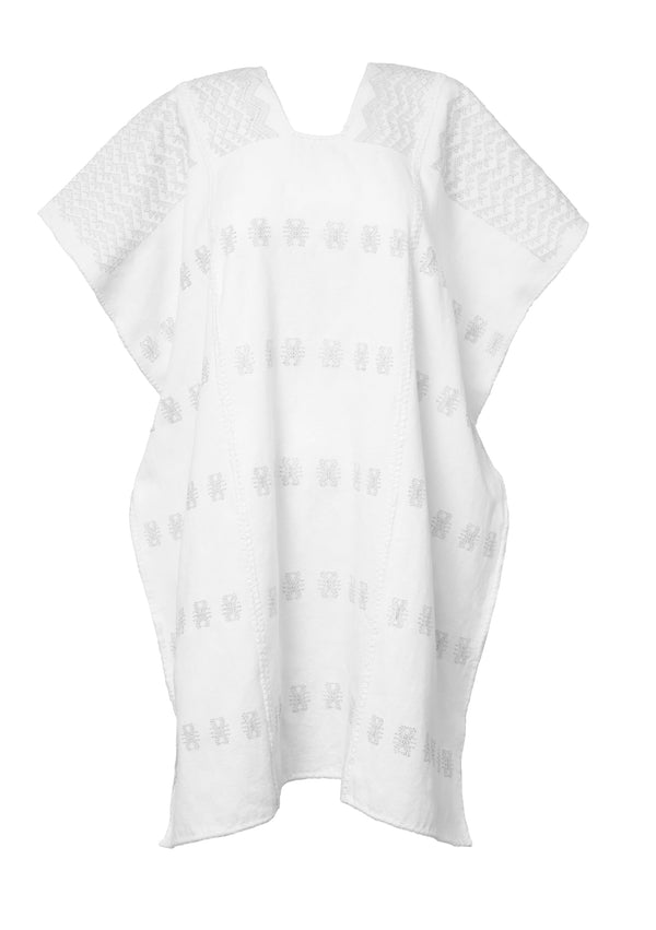 Pippa Holt Kaftan No.516 Three Panel Mini Kaftan In White With Silver Metallic Design