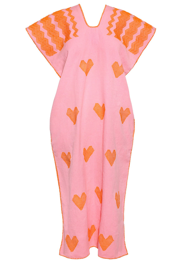 Pippa Holt Kaftan No.517 Single Panel Midi Kaftan In Pink With Orange Heart Design