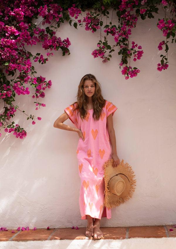 pippa holt Kaftan No.517 Single panel midi kaftan in pink with orange heart design