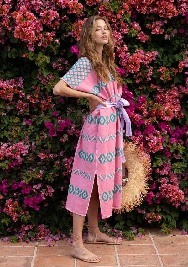 pippa holt Kaftan No.518 Three-panel midi kaftan in pink with green design