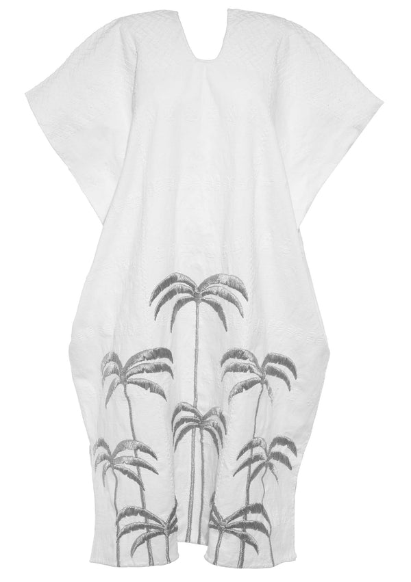 Pippa Holt Kaftan No.519 Three Panel Midi Kaftan In White With Embroidered Silver Plate Design