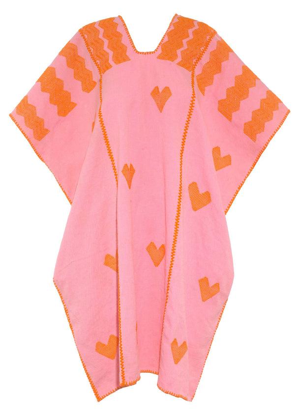 Pippa Holt Kaftan No.523 Three Panel Mini Kaftan In Pink With Orange Heart Design