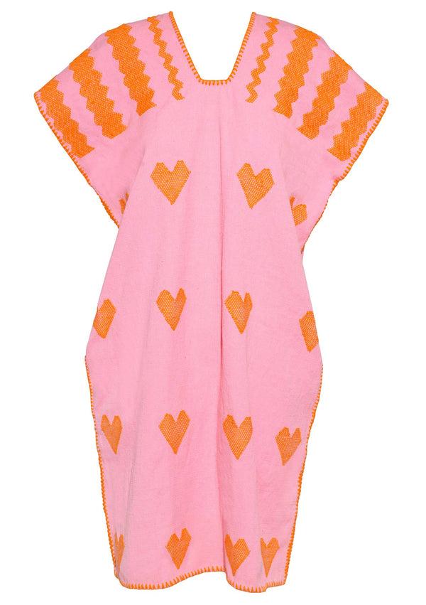 Pippa Holt Kaftan No.524 Single Panel Mini Kaftan In Pink With Orange Heart Design