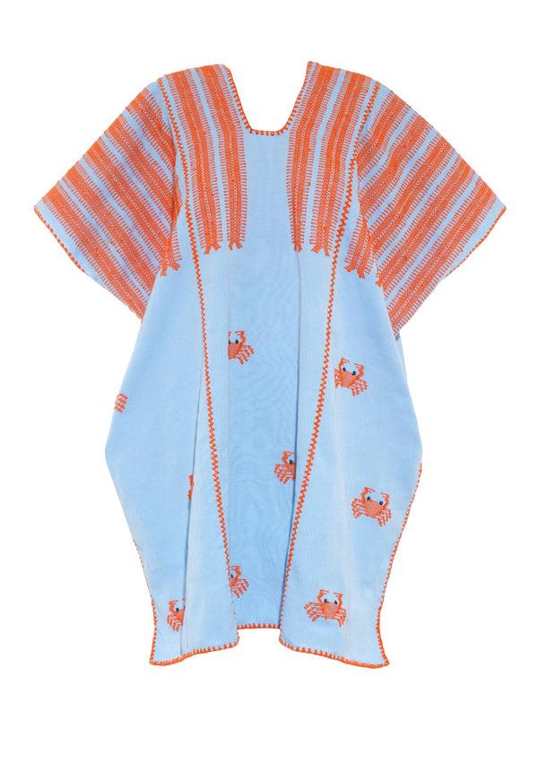 Pippa Holt Kaftan No.530 Three Panel Mini Kaftan In Baby Blue With Hot Orange Crab Design