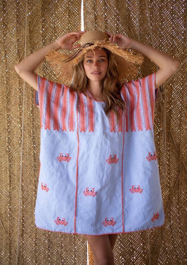 pippa holt Kaftan No.530 Three panel mini kaftan in baby blue with hot orange crab design