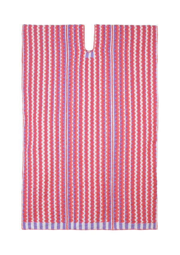 Pippa Holt Kaftan No.532 Three Panel Midi Kaftan In Lilac And White Stripes With Intricate Melon Pink Design