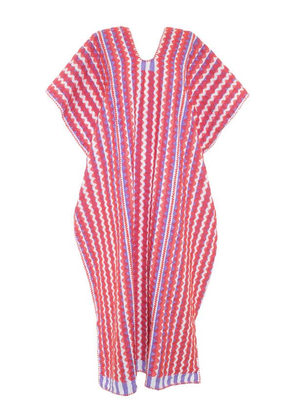 Pippa Holt Kaftan No.532 Three Panel Midi Kaftan In Lilac And White Stripes With Intricate Melon Pink Design