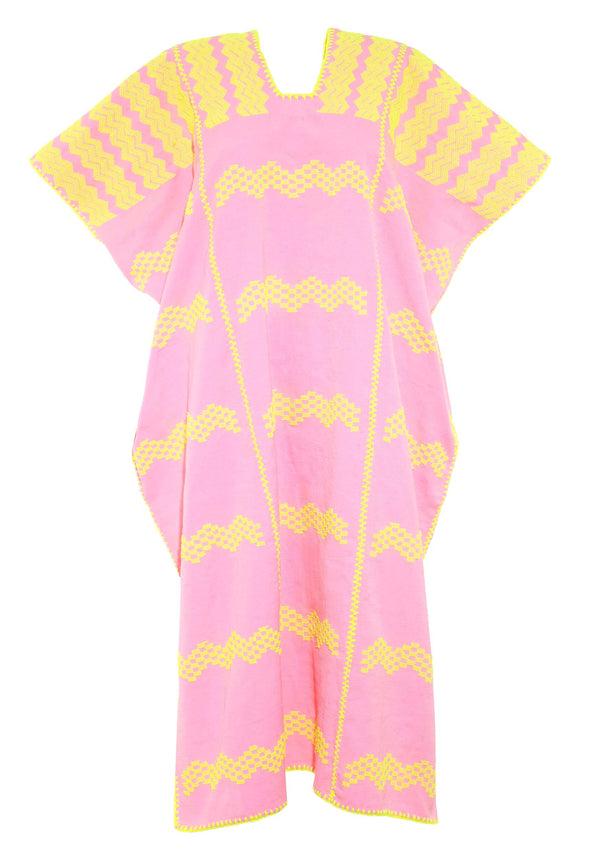 Pippa Holt Kaftan No.534 Three Panel Midi Kaftan In Pastel Pink And Neon Yellow Design
