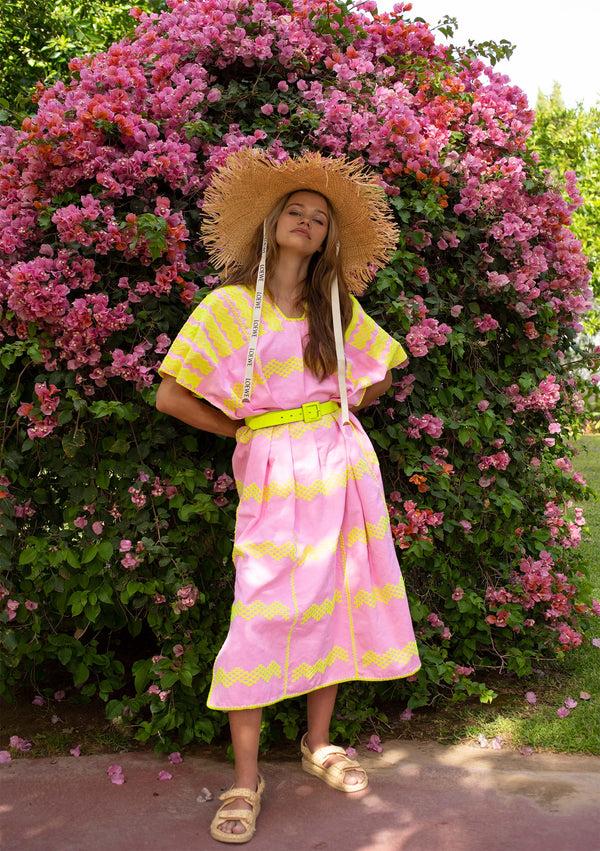 pippa holt Kaftan No.534 Three panel midi kaftan in pastel pink and neon yellow design