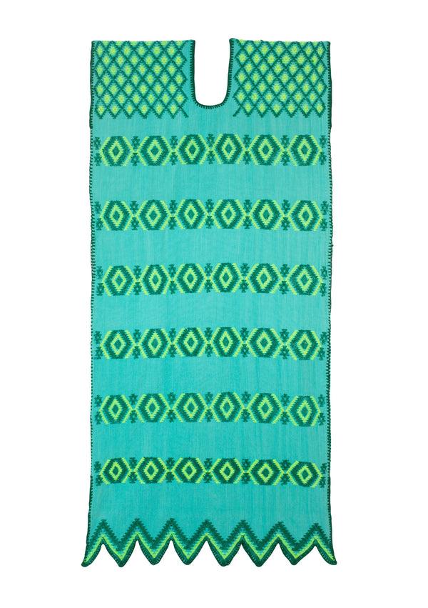 Pippa Holt Kaftan No.535 Single Panel Midi Kaftan In Mint And Green And Neon Yellow Design And Zigzag Hem