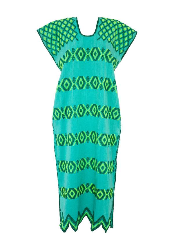 Pippa Holt Kaftan No.535 Single Panel Midi Kaftan In Mint And Green And Neon Yellow Design And Zigzag Hem