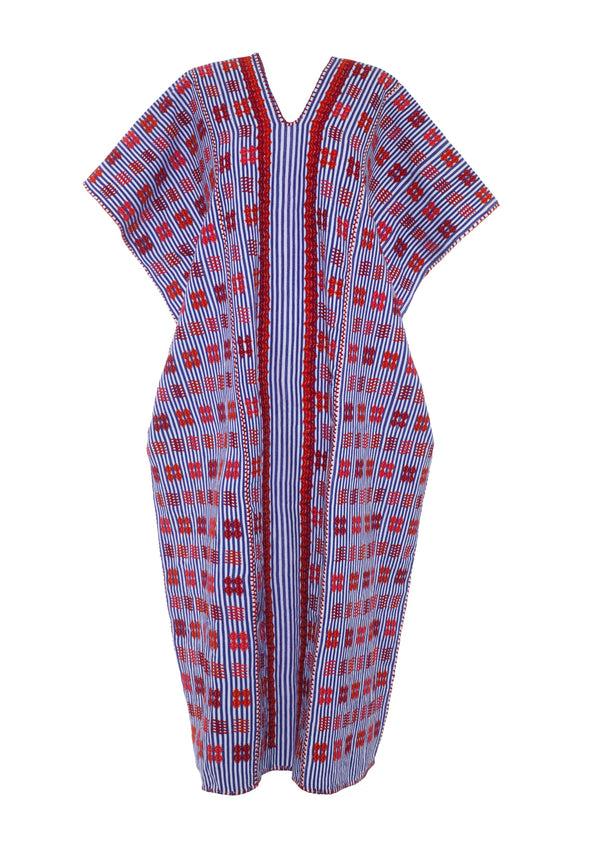 Pippa Holt Kaftan No.538 Three Panel Midi Kaftan In Purple And White Stripes With Intricate Red And Orange Design
