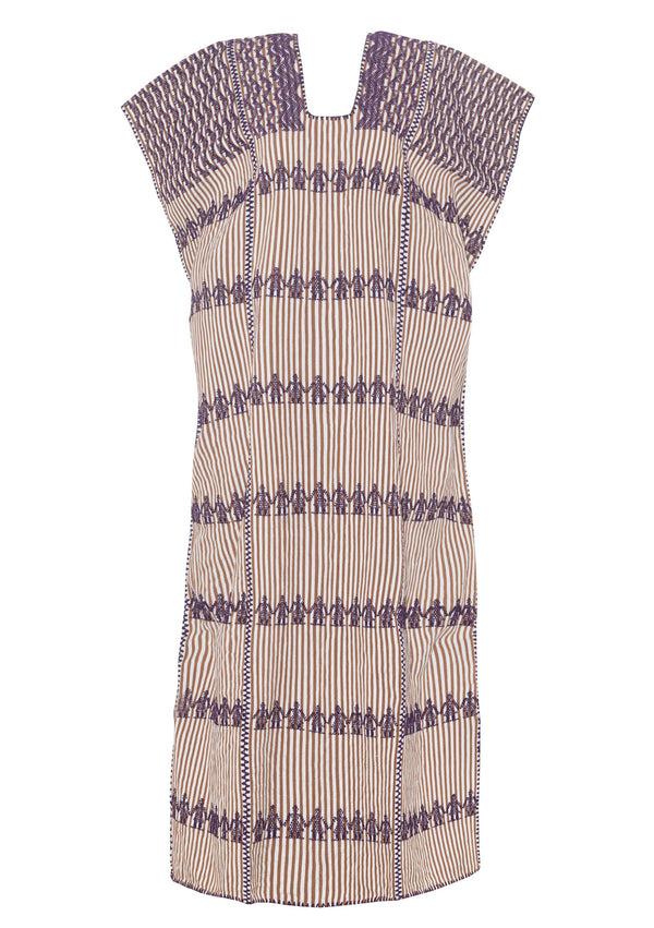 Pippa Holt Kaftan No.54 Three Panel Maxi Kaftan In Tobacco And White Stripe With People Motif Design