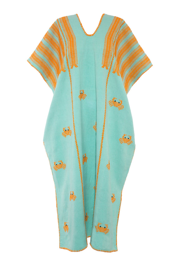 Pippa Holt Kaftan No.540 Three Panel Midi Kaftan In Light Mint And Bright Orange Crab Design
