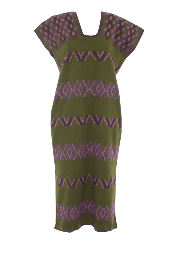 Pippa Holt Kaftan No.541 Single Panel Midi Kaftan In Khaki With Dark And Light Lilac Design