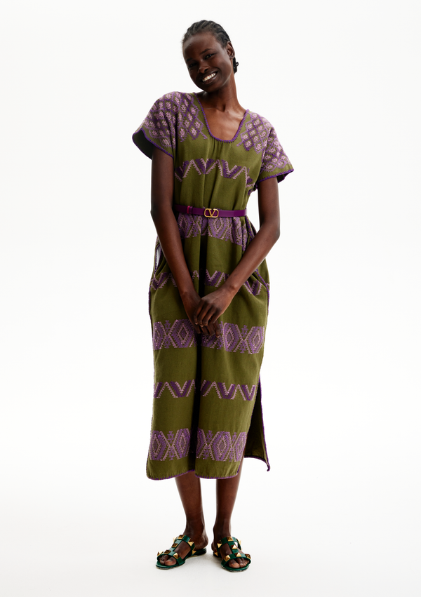 pippa holt Kaftan No.541 Single panel midi kaftan in khaki with dark and light lilac design