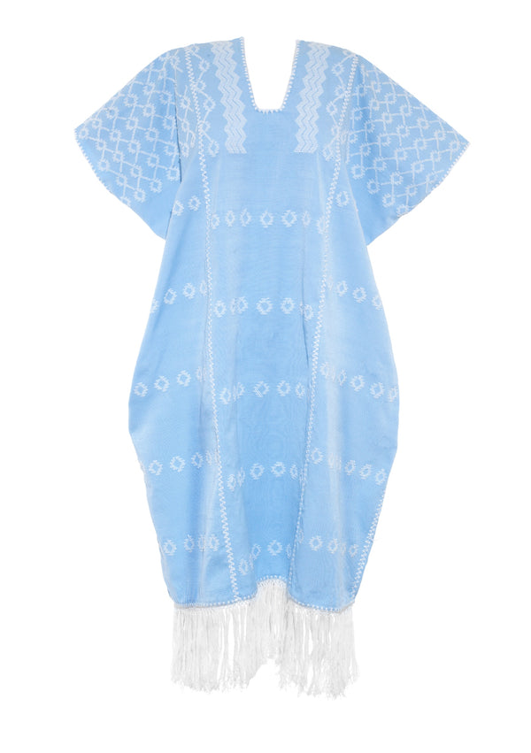 Pippa Holt Kaftan No.542 Three Panel Midi Kaftan In Baby Blue And White Design With White Fringed Hem