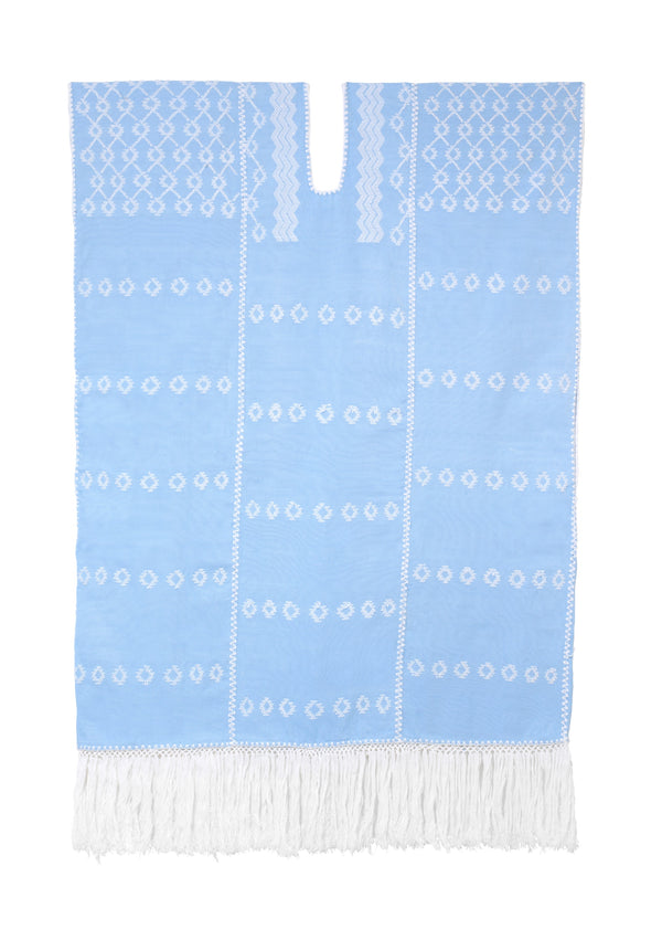 pippa holt Kaftan No.542 Three panel midi kaftan in baby blue and white design with white fringed hem