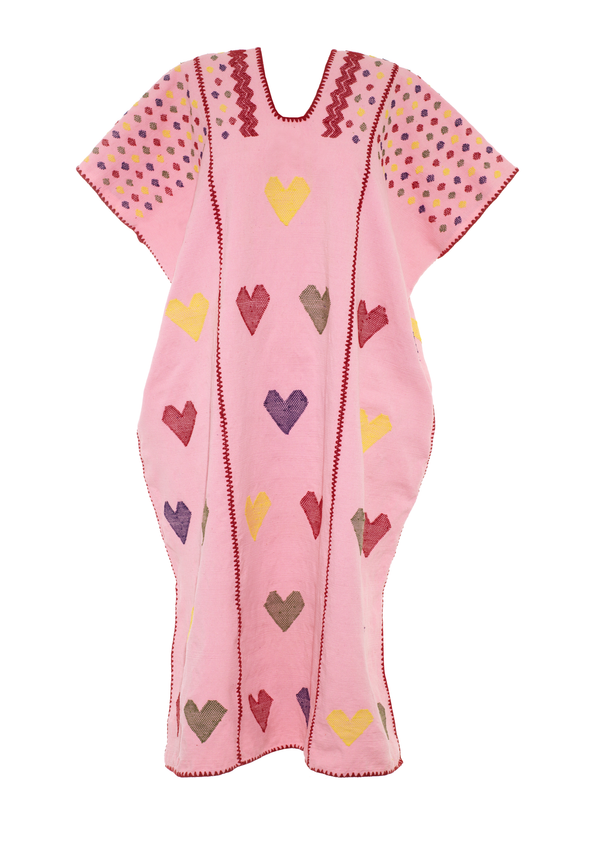 Pippa Holt Kaftan No.544 Three Panel Midi Kaftan In Pink With Multicoloured Heart Design