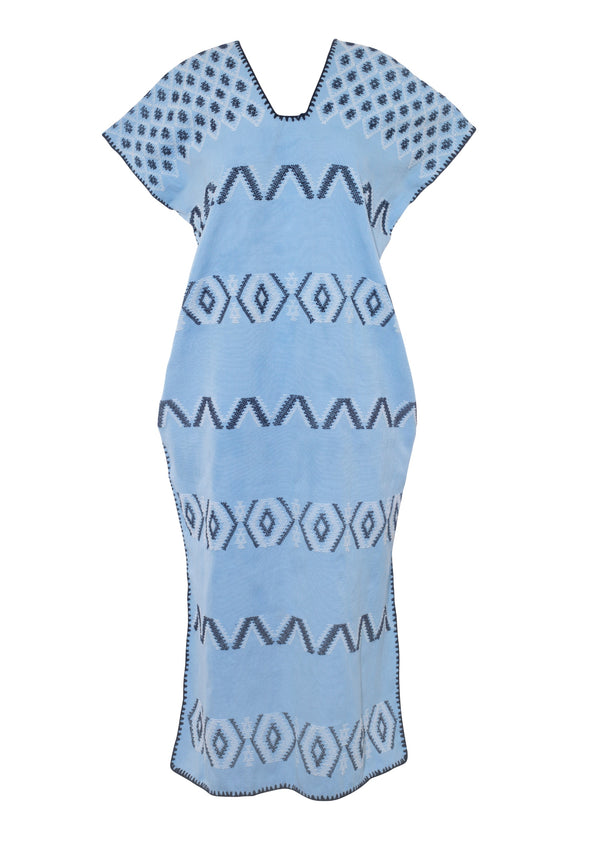 Pippa Holt Kaftan No.547 Single Panel Midi Kaftan In Baby Blue With Navy And White Design