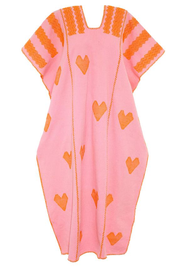 Pippa Holt Kaftan No.548 Three Panel Midi Kaftan In Pink With Orange Heart Design