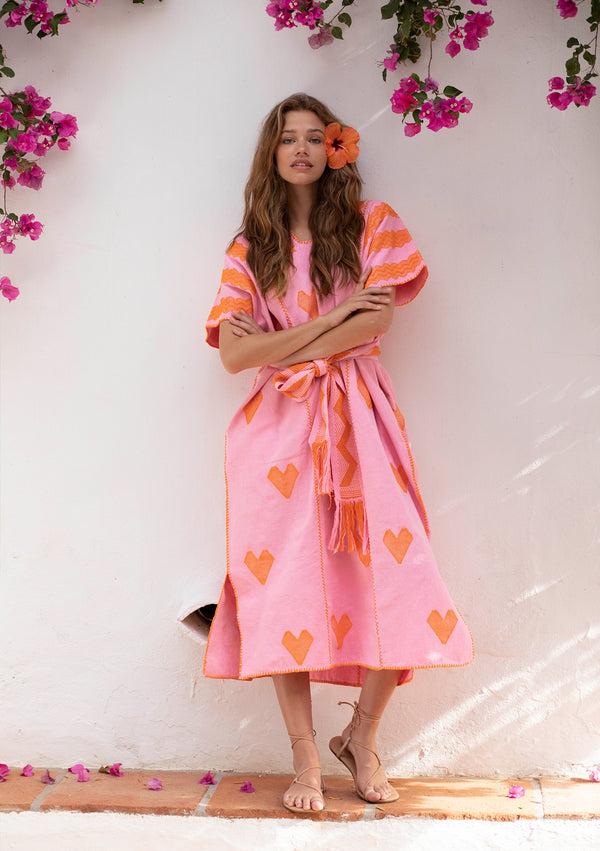 pippa holt Kaftan No.548 Three panel midi kaftan in pink with orange heart design