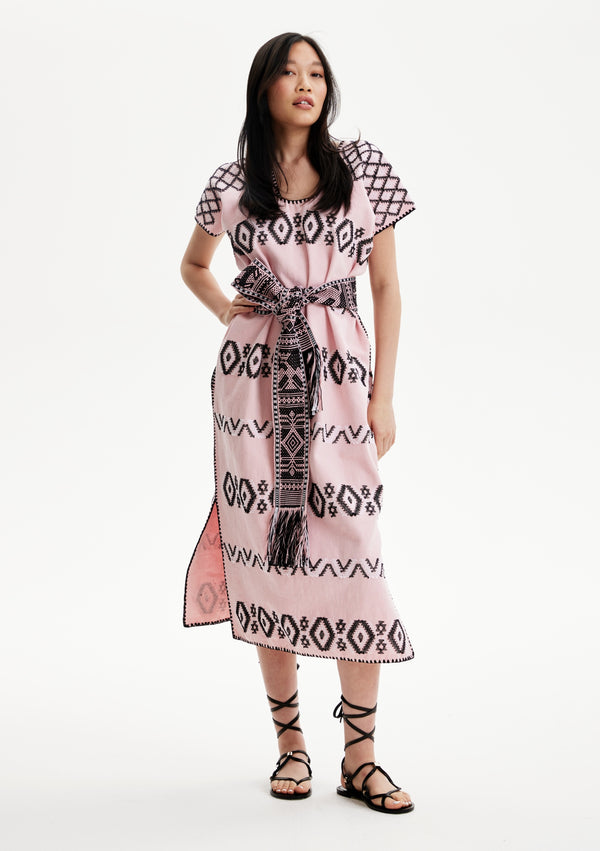 pippa holt Kaftan No.549 Single panel midi kaftan in pale pink with black and white design