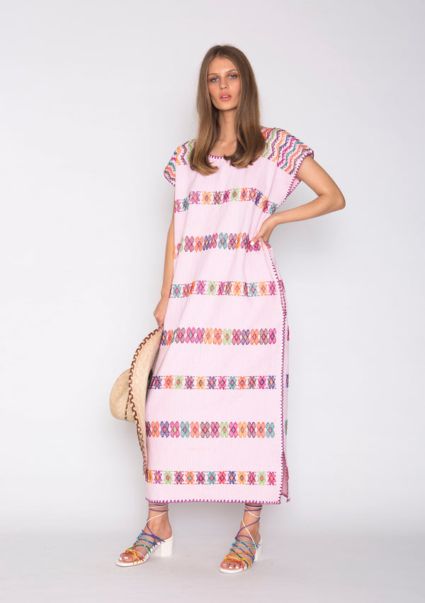 Pippa Holt Kaftan No.55 Single Panel Midi Kaftan In Pale Pink With Multicoloured Design