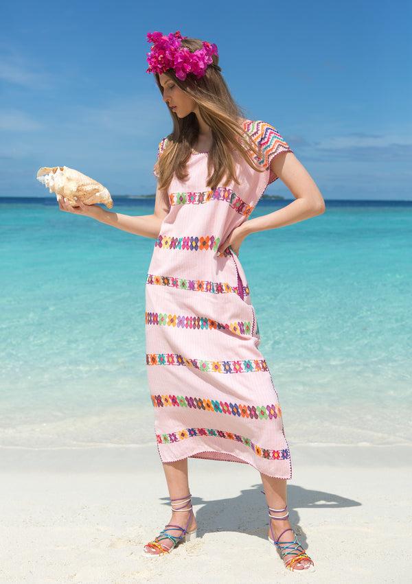 pippa holt Kaftan No.55 Single panel midi kaftan in pale pink with multicoloured design
