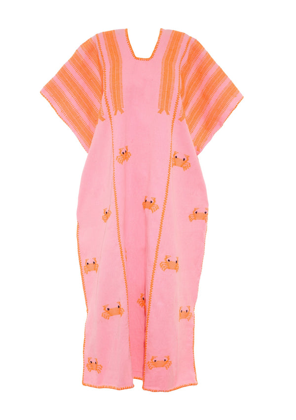 Pippa Holt Kaftan No.554 Three Panel Midi Kaftan In Candy Pink With Neon Orange Crab Design