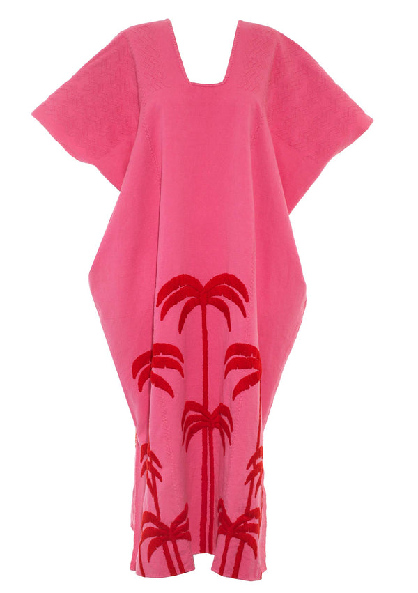 Pippa Holt Kaftan No.556 Three Panel Midi Kaftan In Pink With Embroidered Red Palm Tree