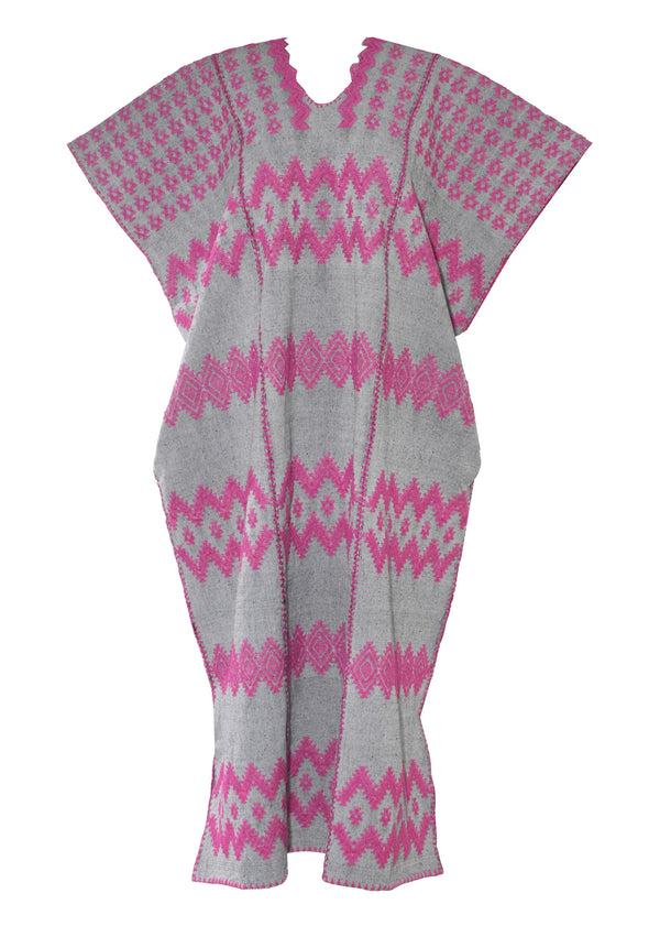 Pippa Holt Kaftan No.562 Three Panel Midi Kaftan In Light Grey With Pink Design