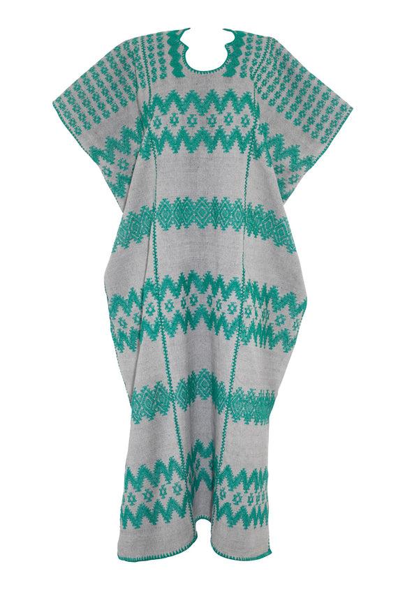 Pippa Holt Kaftan No.563 Three Panel Midi Kaftan In Grey With Green Zig Zag Design
