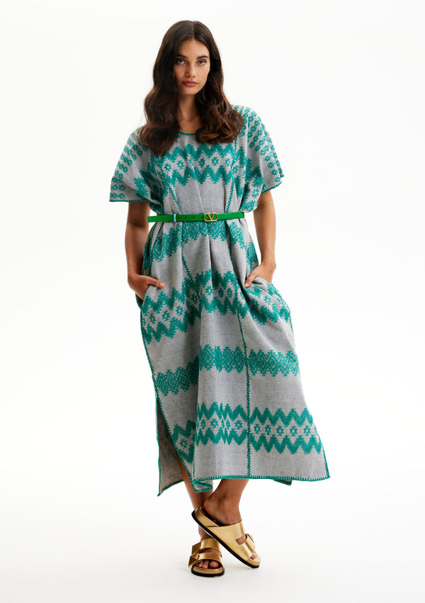 pippa holt Kaftan No.563 Three panel midi kaftan in grey with green zig zag design